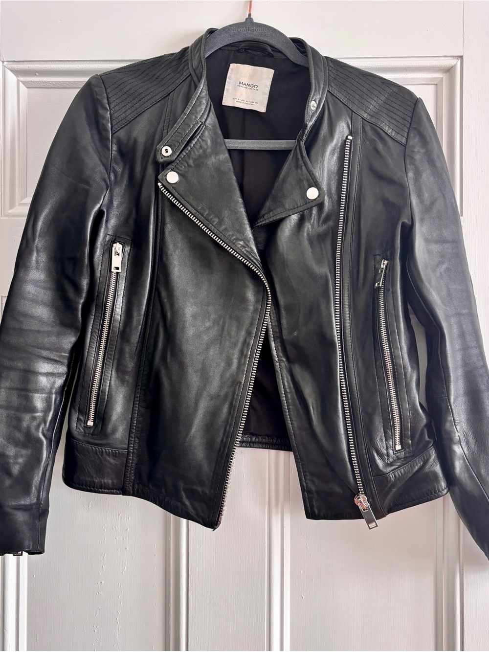 Vintage European Mango Black Leather Moto Jacket with Silver Hardware.